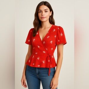 Tamara H. Red Floral Wrap Blouse - Size M